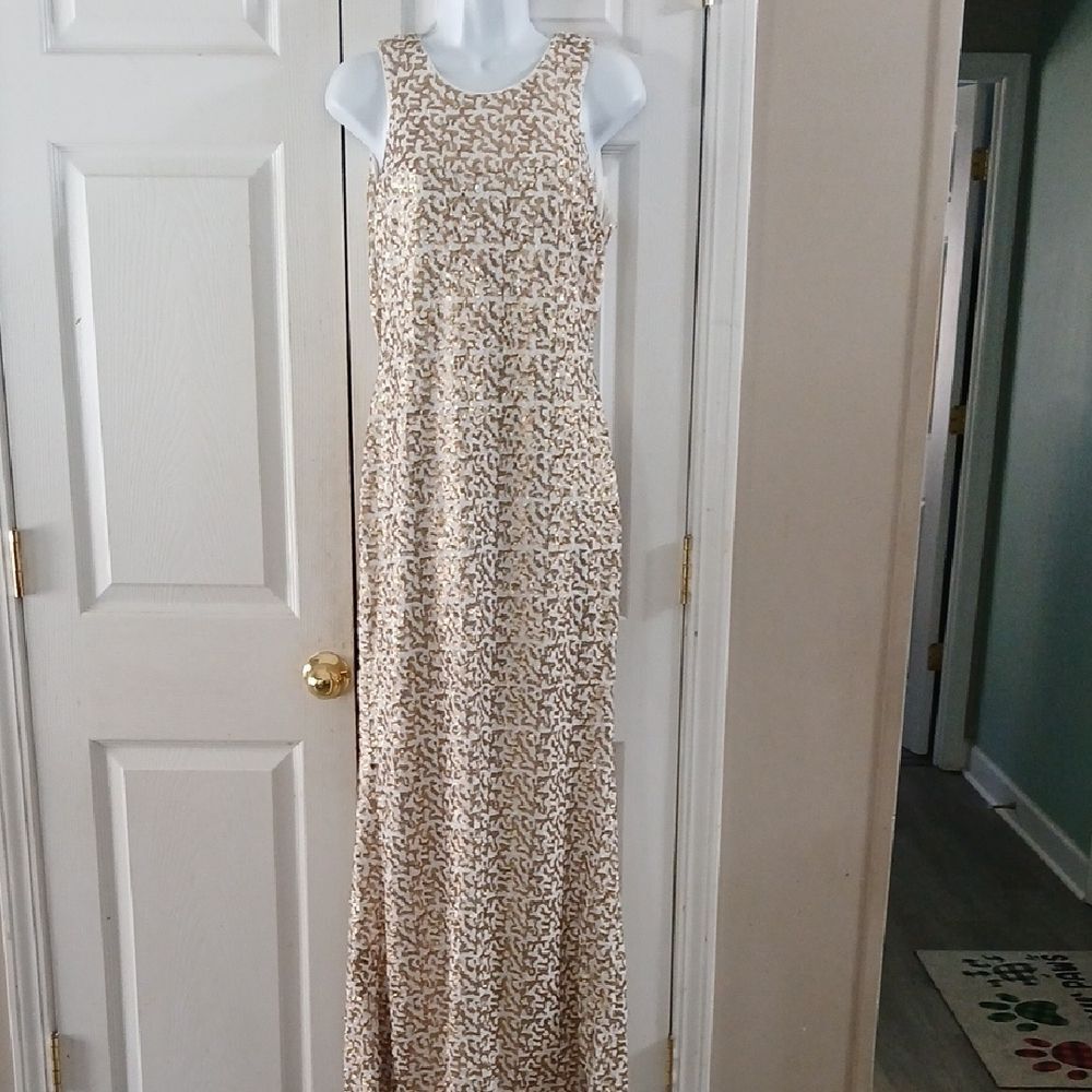 Maria Bonita USA Sleeveless Beige/gold and White  sequin Maxi Dress Sz L EUC